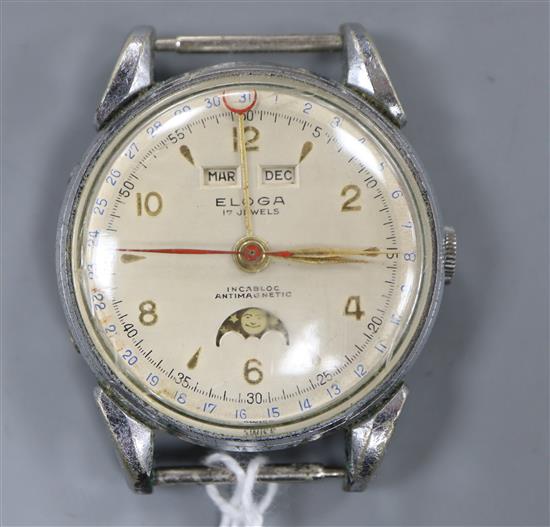A gentlemans stainless steel Eloga manual wind calendar moonphase wrist watch (no strap).